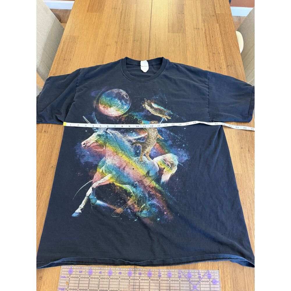 Space Cats Riding Rainbow Unicorn Galaxy Graphic T-Shirt - Black (2XL)